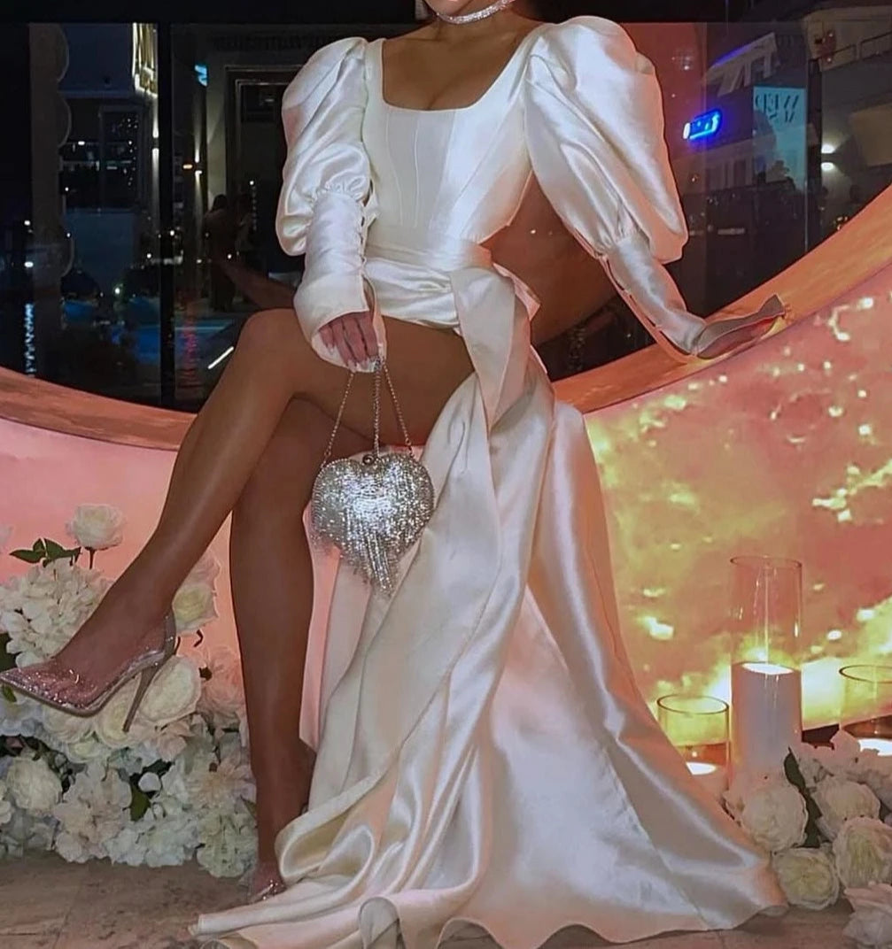 Vivienne - Ivory Satin Dress with Dramatic Sleeves