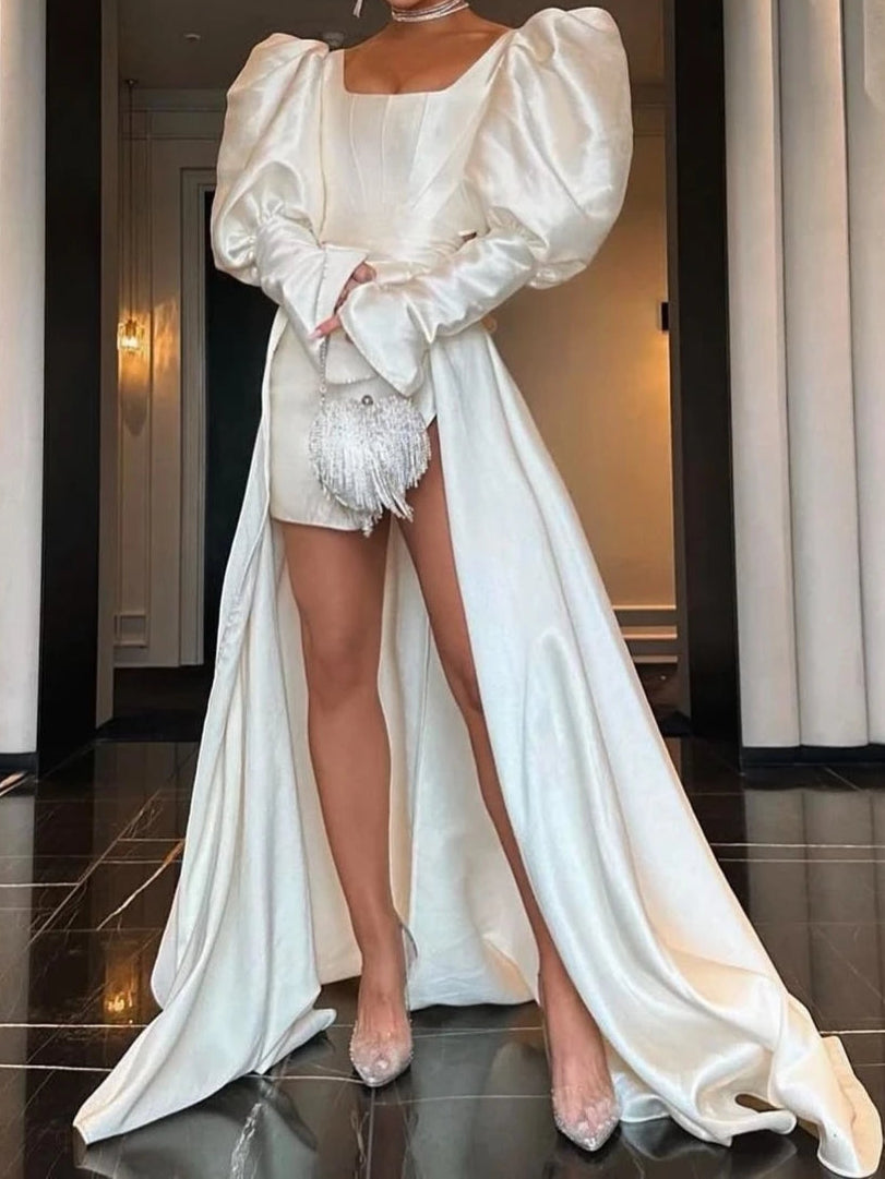 Vivienne - Ivory Satin Dress with Dramatic Sleeves