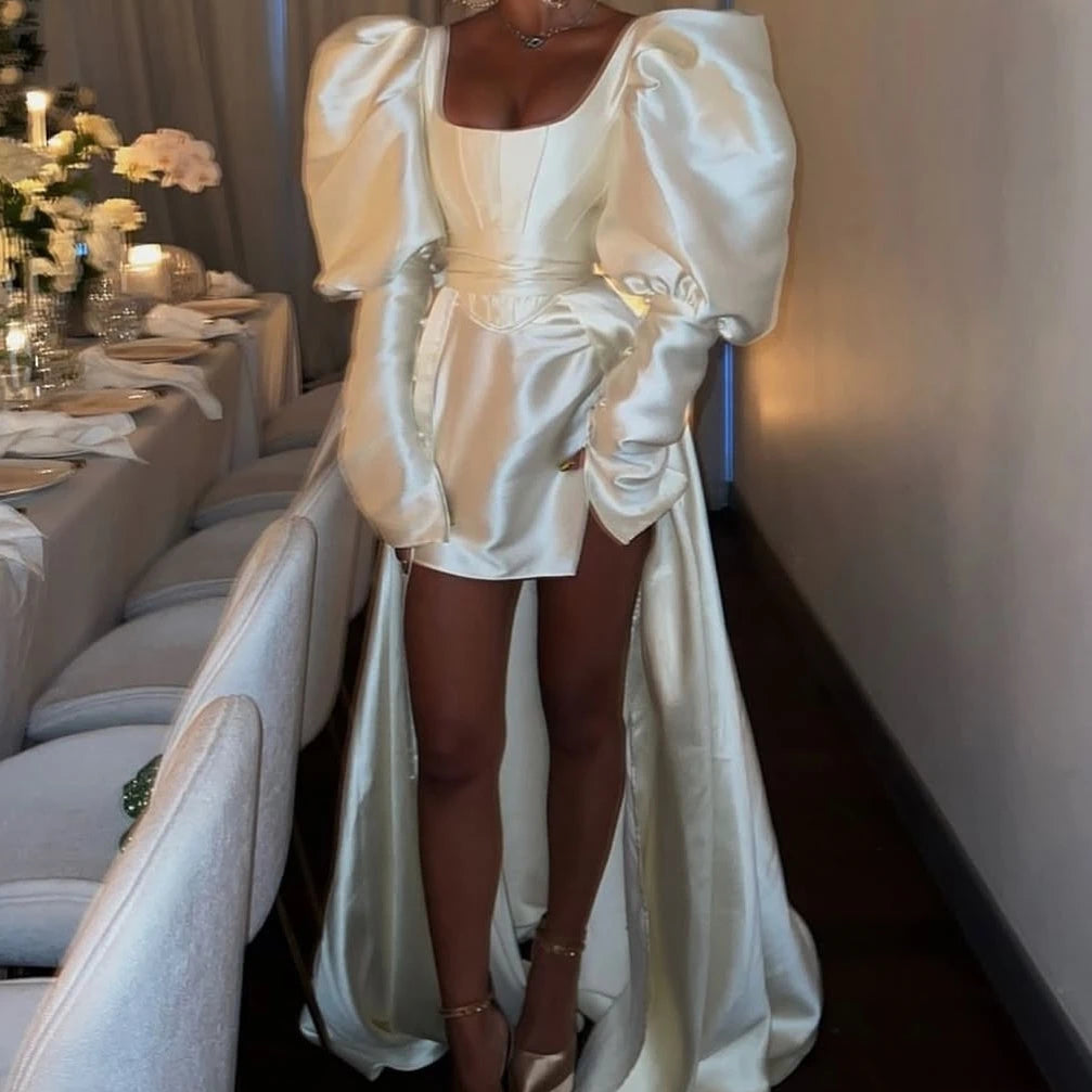 Vivienne - Ivory Satin Dress with Dramatic Sleeves