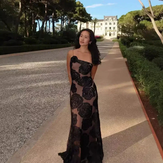 Anne - Sheer Rose Appliqué Dress