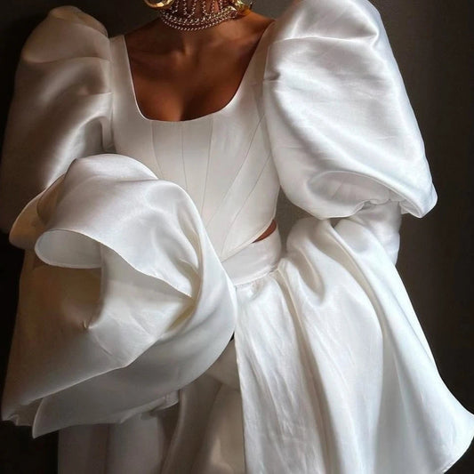 Vivienne - Ivory Satin Dress with Dramatic Sleeves